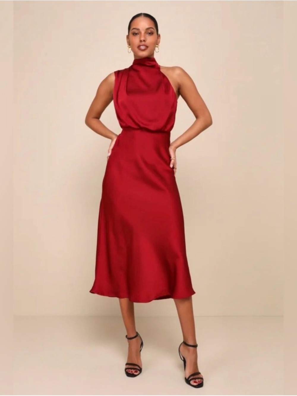 Elegant Red Halter Midi Dress